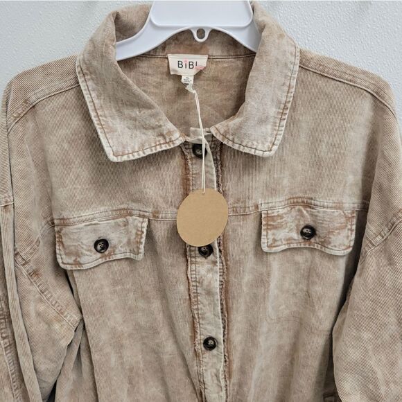 BIBI Courdoroy Button Up Shirt Jacket Distressed Tan NWT XL Pockets - Picture 3 of 9